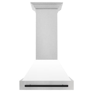 ZLINE Autograph Edition 30 in. Satin Stainless Steel Wall Mount Range Hood with White Matte Shell and Matte Black Handle (8654SNZ-WM30-MB) front.
