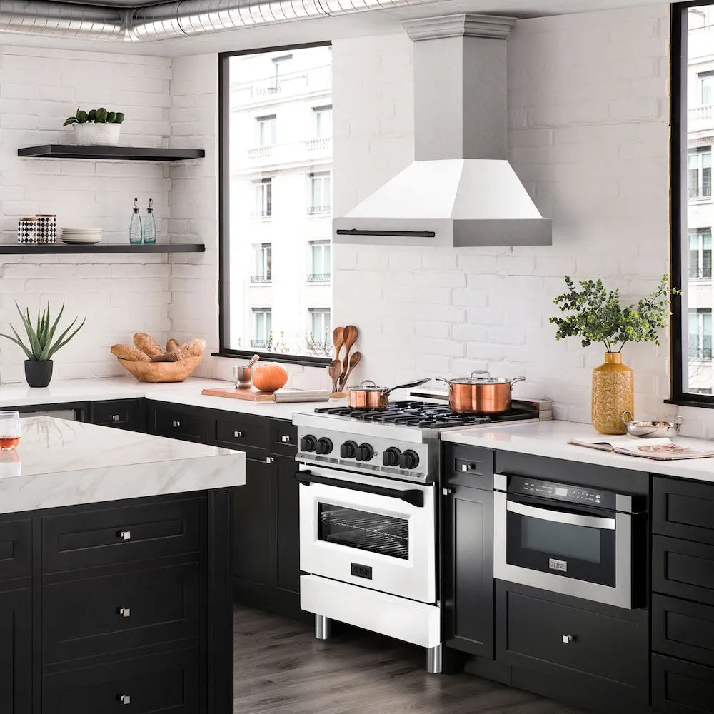 ZLINE Autograph Edition 30 in. Satin Stainless Steel Wall Mount Range Hood with White Matte Shell and Matte Black Handle (8654SNZ-WM30-MB) in a luxury kitchen.
