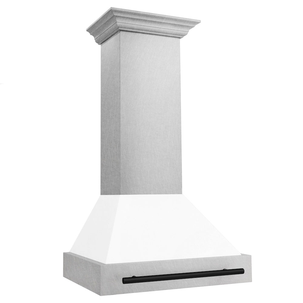 ZLINE Autograph Edition 30 in. Satin Stainless Steel Wall Mount Range Hood with White Matte Shell and Matte Black Handle (8654SNZ-WM30-MB) side.