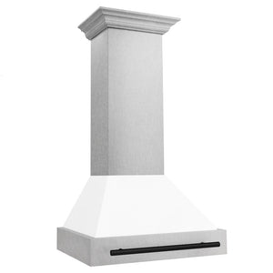 ZLINE Autograph Edition 30 in. Satin Stainless Steel Wall Mount Range Hood with White Matte Shell and Matte Black Handle (8654SNZ-WM30-MB) side.