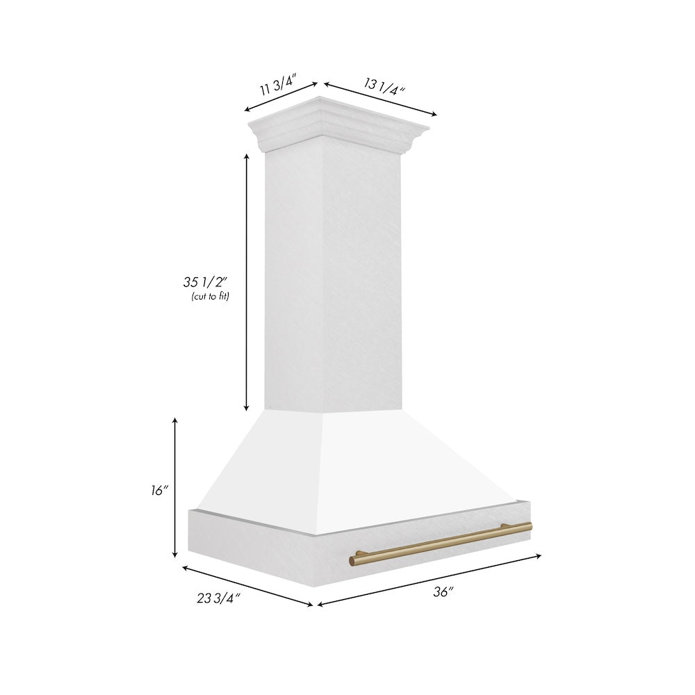 ZLINE Autograph Edition 36 in. Satin Stainless Steel Wall Mount Range Hood with White Matte Shell and Champagne Bronze Handle (8654SNZ-WM36-CB) dimensional diagram.
