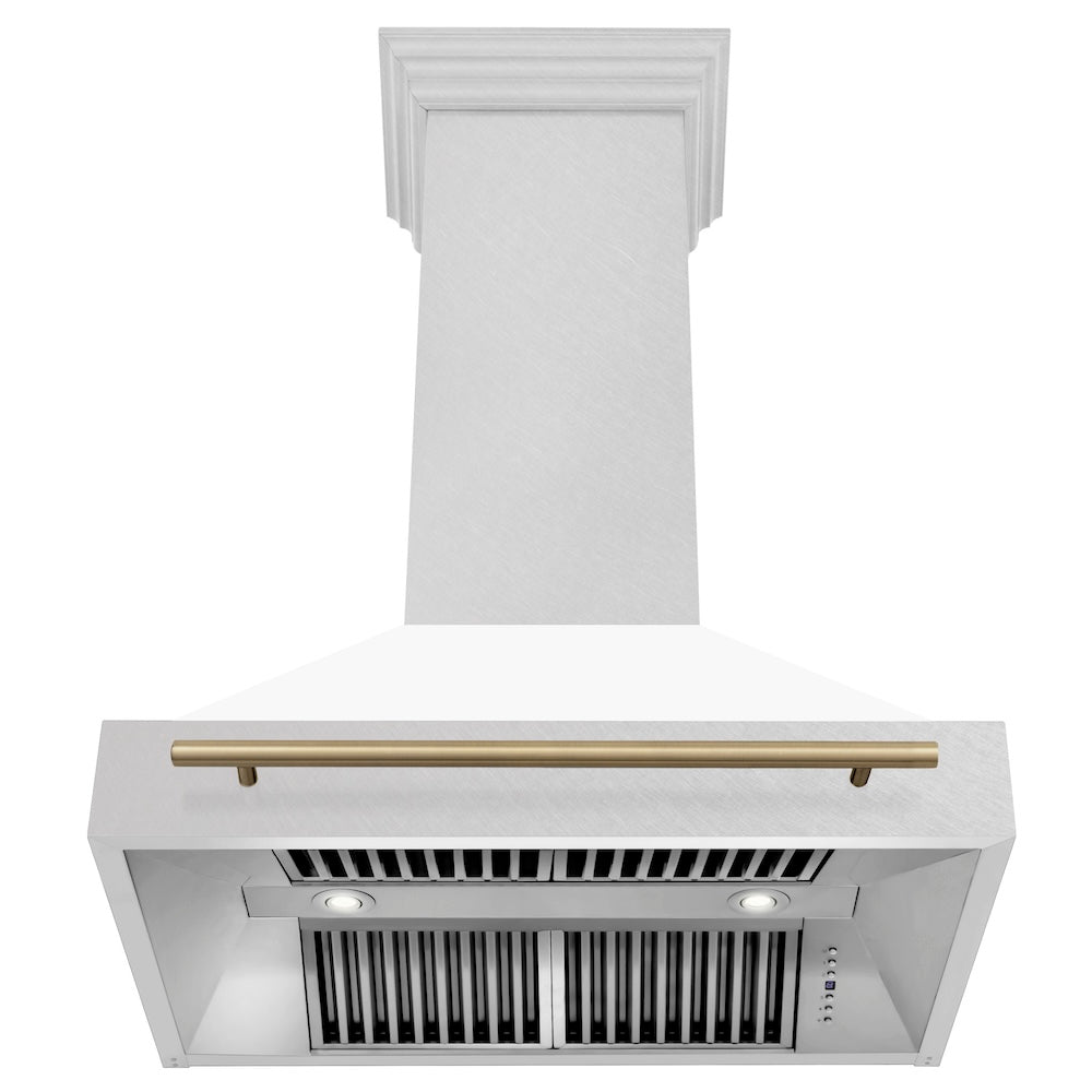 ZLINE Autograph Edition 36 in. Satin Stainless Steel Wall Mount Range Hood with White Matte Shell and Champagne Bronze Handle (8654SNZ-WM36-CB) front, under.