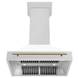 ZLINE Autograph Edition 36 in. Satin Stainless Steel Wall Mount Range Hood with White Matte Shell and Champagne Bronze Handle (8654SNZ-WM36-CB) front, under.