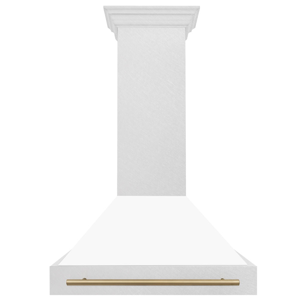 ZLINE Autograph Edition 36 in. Satin Stainless Steel Wall Mount Range Hood with White Matte Shell and Champagne Bronze Handle (8654SNZ-WM36-CB) front.