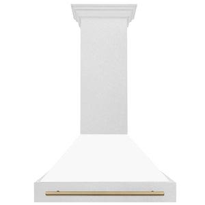 ZLINE Autograph Edition 36 in. Satin Stainless Steel Wall Mount Range Hood with White Matte Shell and Champagne Bronze Handle (8654SNZ-WM36-CB) front.
