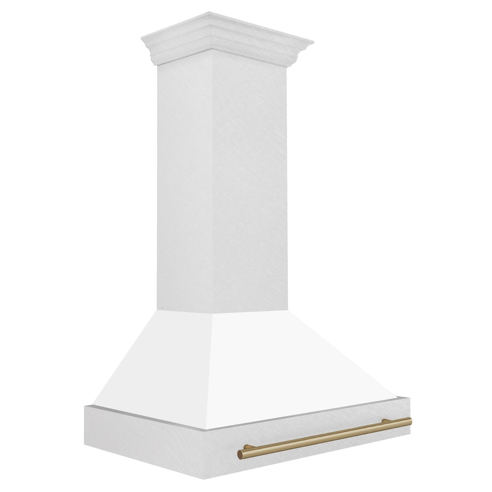 ZLINE Autograph Edition 36 in. Satin Stainless Steel Wall Mount Range Hood with White Matte Shell and Champagne Bronze Handle (8654SNZ-WM36-CB) side.
