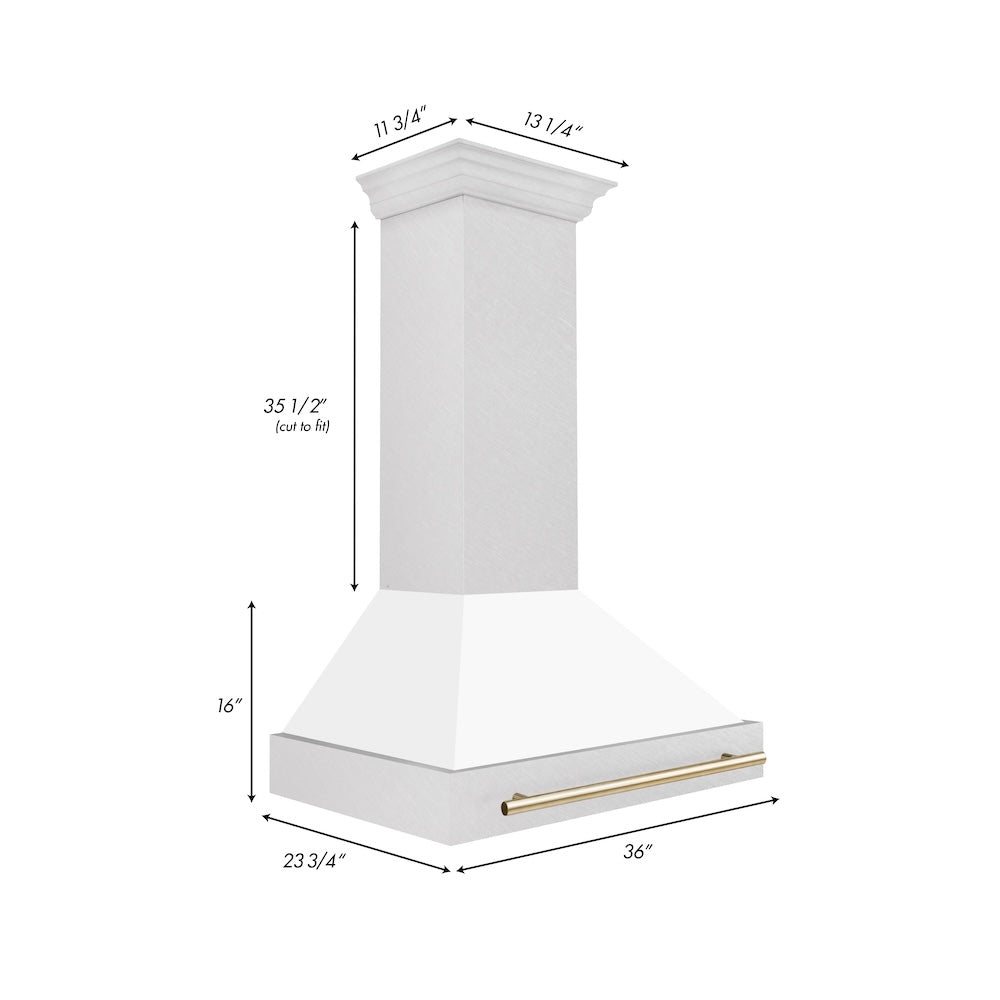 ZLINE Autograph Edition 36 in. Satin Stainless Steel Wall Mount Range Hood with White Matte Shell and Polished Gold Handle (8654SNZ-WM36-G) dimensional diagram.
