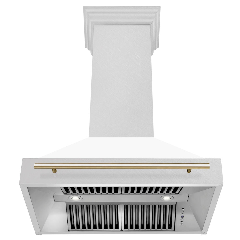 ZLINE Autograph Edition 36 in. Satin Stainless Steel Wall Mount Range Hood with White Matte Shell and Polished Gold Handle (8654SNZ-WM36-G) front, under.