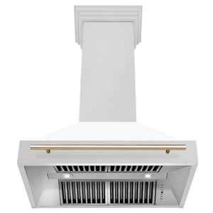 ZLINE Autograph Edition 36 in. Satin Stainless Steel Wall Mount Range Hood with White Matte Shell and Polished Gold Handle (8654SNZ-WM36-G) front, under.