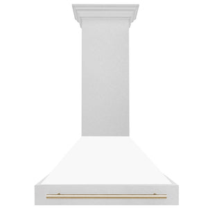 ZLINE Autograph Edition 36 in. Satin Stainless Steel Wall Mount Range Hood with White Matte Shell and Polished Gold Handle (8654SNZ-WM36-G) front.