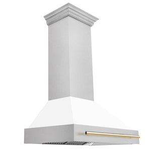 ZLINE Autograph Edition 36 in. Satin Stainless Steel Wall Mount Range Hood with White Matte Shell and Polished Gold Handle (8654SNZ-WM36-G)