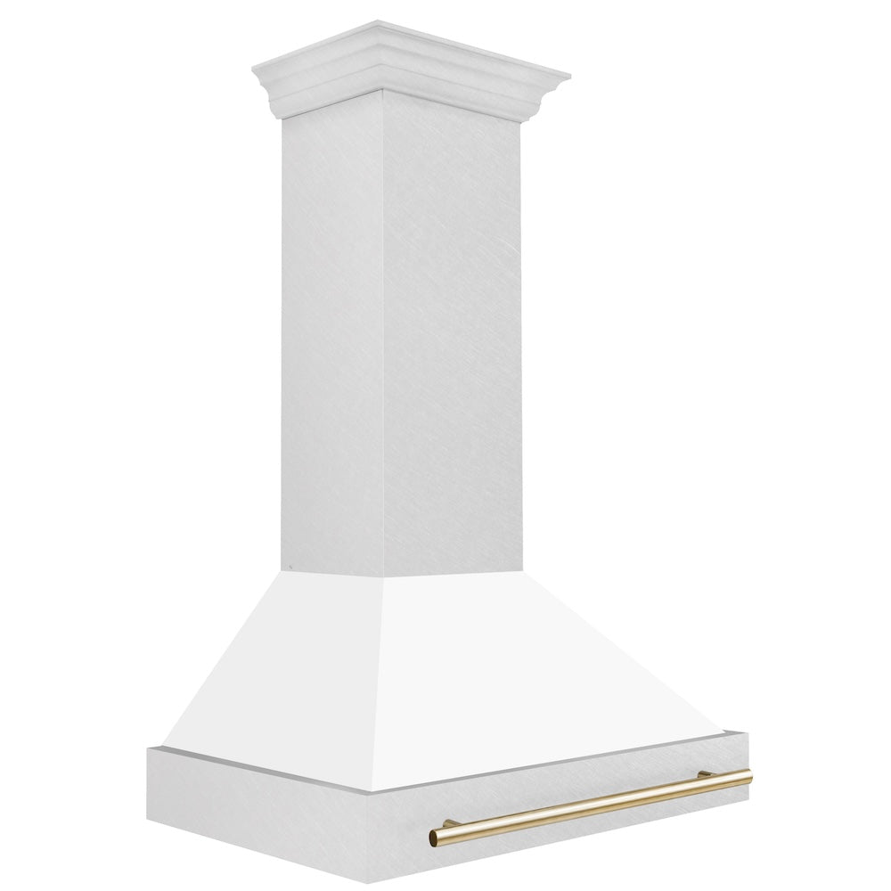 ZLINE Autograph Edition 36 in. Satin Stainless Steel Wall Mount Range Hood with White Matte Shell and Polished Gold Handle (8654SNZ-WM36-G) side.