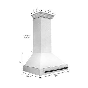 ZLINE Autograph Edition 36 in. Satin Stainless Steel Wall Mount Range Hood with White Matte Shell and Matte Black Handle (8654SNZ-WM36-MB) dimensional diagram.