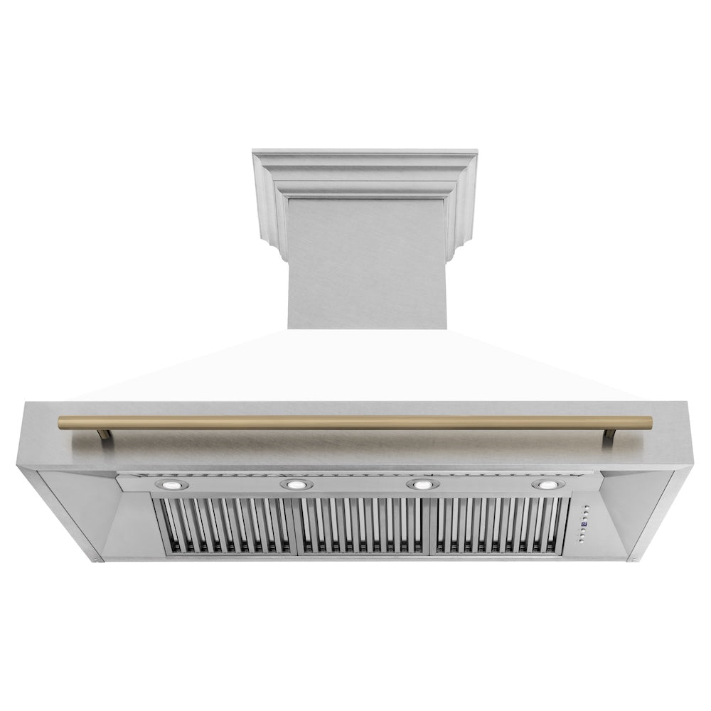 ZLINE Autograph Edition 48 in. Satin Stainless Steel Wall Mount Range Hood with White Matte Shell and Champagne Bronze Handle (8654SNZ-WM48-CB) front, under.