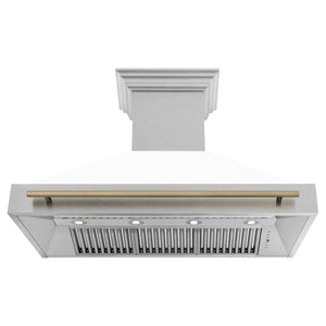 ZLINE Autograph Edition 48 in. Satin Stainless Steel Wall Mount Range Hood with White Matte Shell and Champagne Bronze Handle (8654SNZ-WM48-CB) front, under.
