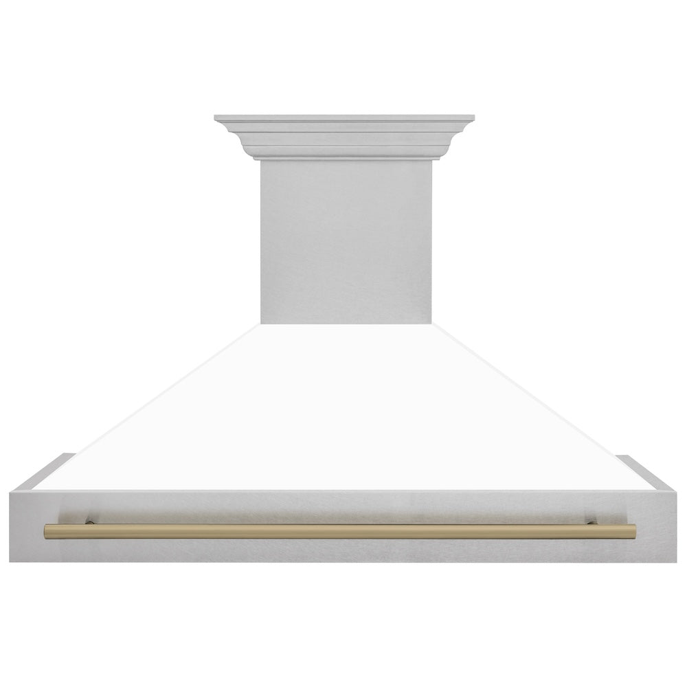 ZLINE Autograph Edition 48 in. Satin Stainless Steel Wall Mount Range Hood with White Matte Shell and Champagne Bronze Handle (8654SNZ-WM48-CB) front.