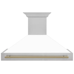 ZLINE Autograph Edition 48 in. Satin Stainless Steel Wall Mount Range Hood with White Matte Shell and Champagne Bronze Handle (8654SNZ-WM48-CB) front.