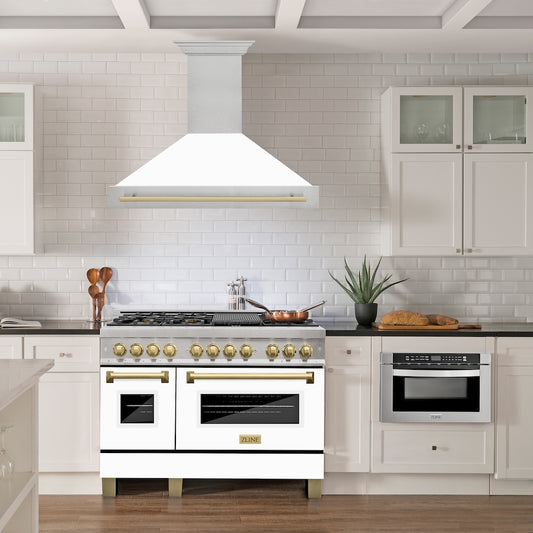 ZLINE Autograph Edition 48 in. Satin Stainless Steel Wall Mount Range Hood with White Matte Shell and Champagne Bronze Handle (8654SNZ-WM48-CB) in a luxury kitchen.