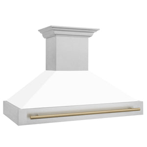ZLINE Autograph Edition 48 in. Satin Stainless Steel Wall Mount Range Hood with White Matte Shell and Champagne Bronze Handle (8654SNZ-WM48-CB) side.