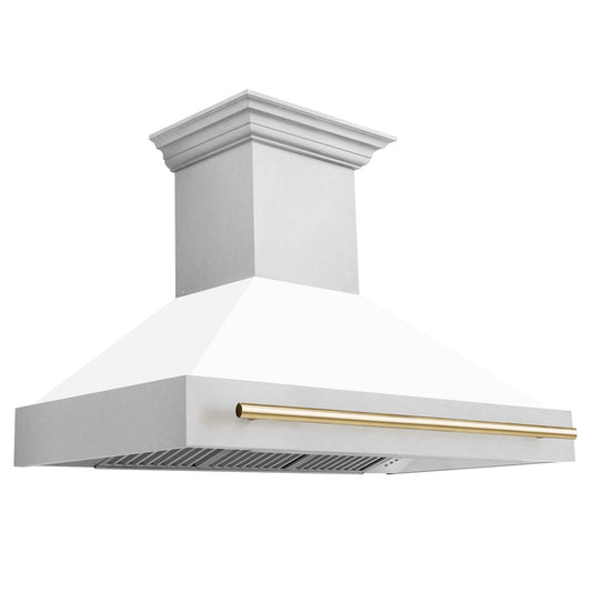 ZLINE Autograph Edition 48 in. Satin Stainless Steel Wall Mount Range Hood with White Matte Shell and Polished Gold Handle (8654SNZ-WM48-G)