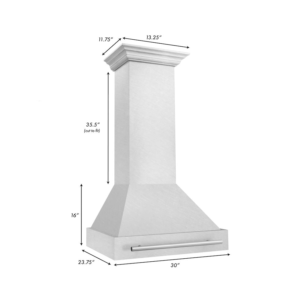 ZLINE 30 in. Satin Stainless Steel Wall Mount Range Hood with Stainless Steel Handle (8654SNX-30) dimensional diagram.