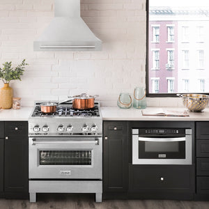 ZLINE 30 in. Satin Stainless Steel Wall Mount Range Hood with Stainless Steel Handle (8654SNX-30) in a luxury kitchen.