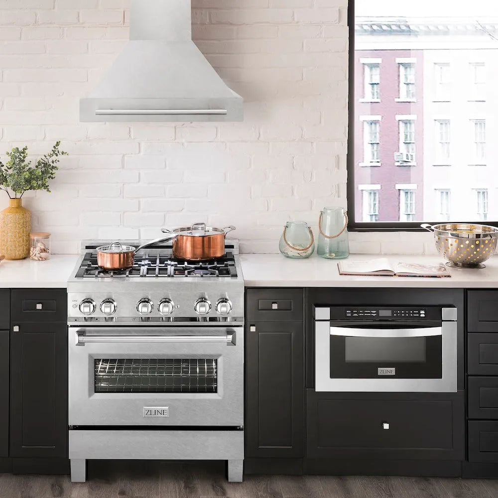 ZLINE 30 in. Satin Stainless Steel Wall Mount Range Hood with Stainless Steel Handle (8654SNX-30) in a luxury kitchen.