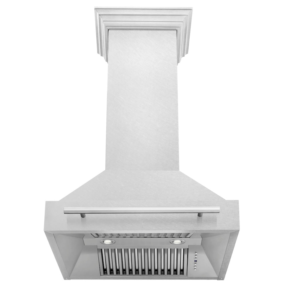 ZLINE 30 in. Satin Stainless Steel Wall Mount Range Hood with Stainless Steel Handle (8654SNX-30) front, under.