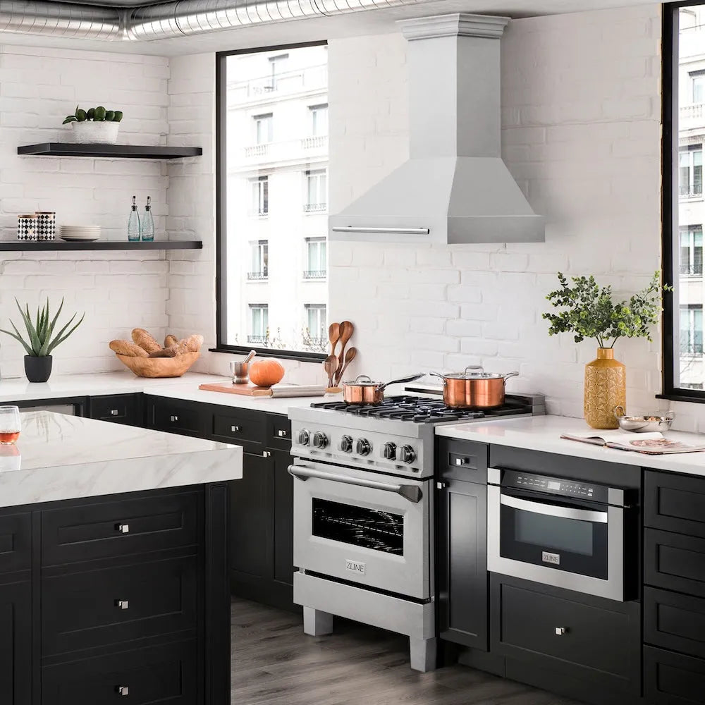 ZLINE 30 in. Satin Stainless Steel Wall Mount Range Hood with Stainless Steel Handle (8654SNX-30) in a luxury kitchen.