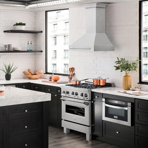 ZLINE 30 in. Satin Stainless Steel Wall Mount Range Hood with Stainless Steel Handle (8654SNX-30) in a luxury kitchen.