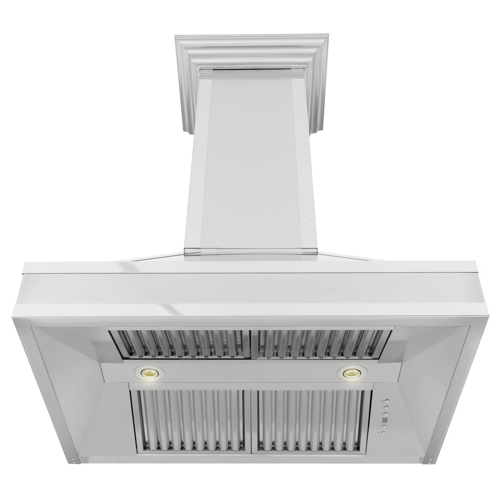 ZLINE 36 in. Designer Series Ducted Wall Mount Range Hood in Satin Stainless Steel with Mirror Accents (655MR-36) under.