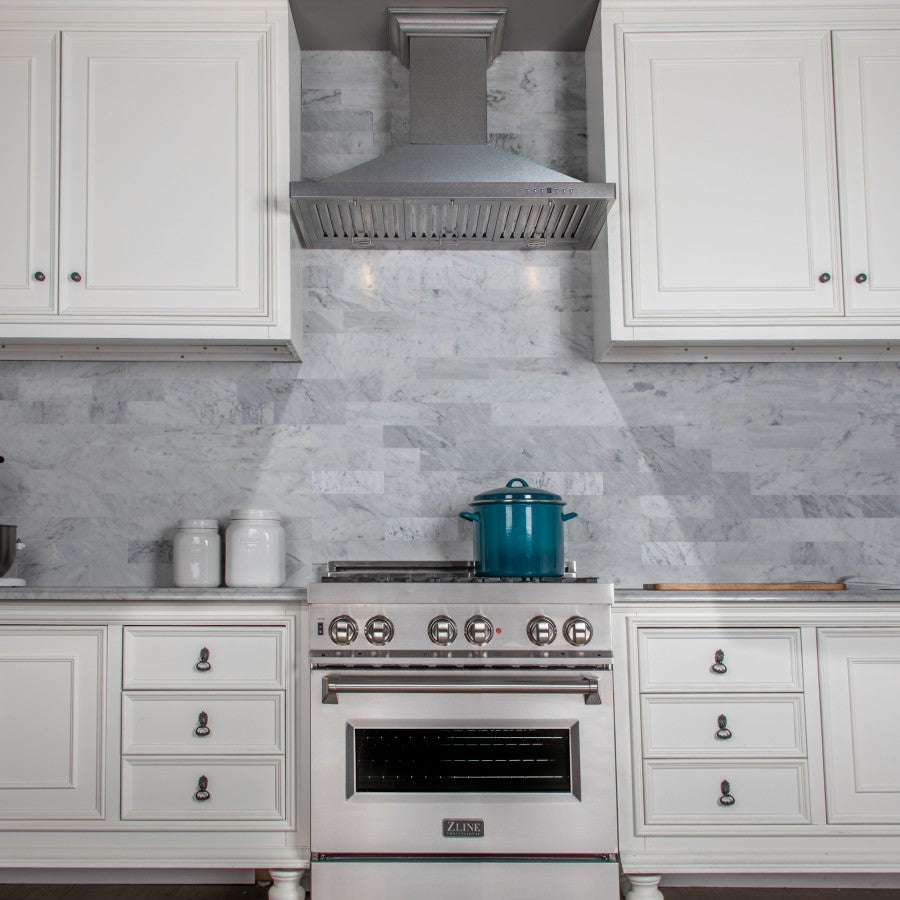 ZLINE 30 in. Designer Series Satin Stainless Steel Convertible Vent Wall Mount Range Hood (8KBS-30) in a luxury kitchen.