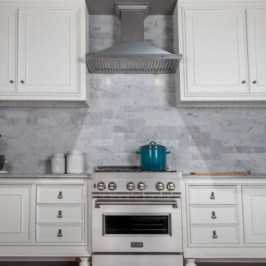 ZLINE 30 in. Designer Series Satin Stainless Steel Convertible Vent Wall Mount Range Hood (8KBS-30) in a luxury kitchen.