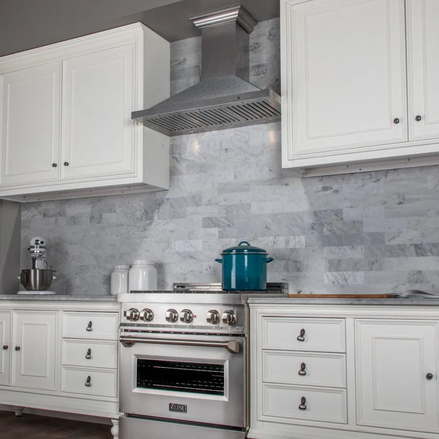 ZLINE 30 in. Designer Series Satin Stainless Steel Convertible Vent Wall Mount Range Hood (8KBS-30) in a luxury kitchen.