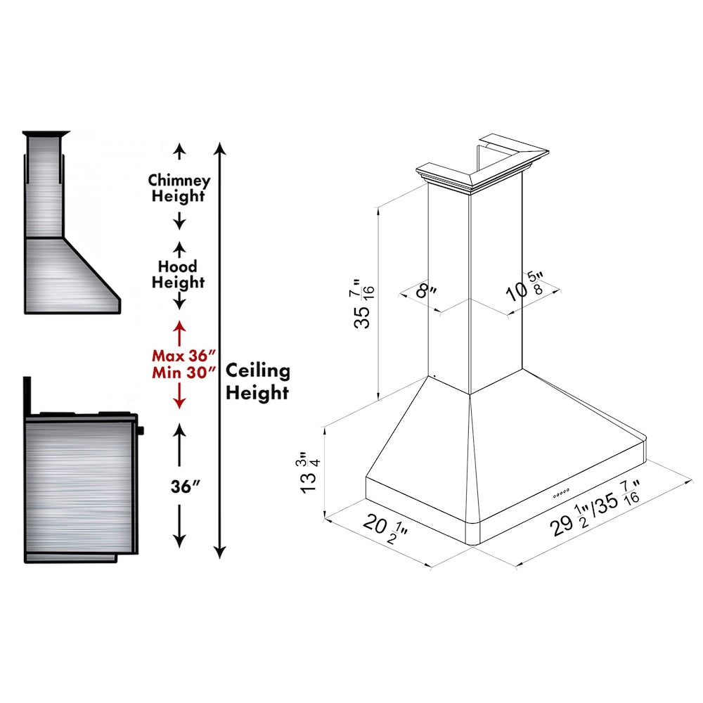 ZLINE 36 in. Ducted Wall Mount Range Hood in Satin Stainless Steel (8KF2S-36) dimensional diagram.