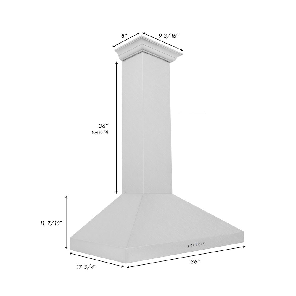 ZLINE 36 in. Convertible Vent Wall Mount Range Hood in Satin Stainless Steel (8KL3S-36) dimensional diagram.