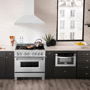 ZLINE 36 in. Convertible Vent Wall Mount Range Hood in Satin Stainless Steel (8KL3S-36) in a luxury kitchen.