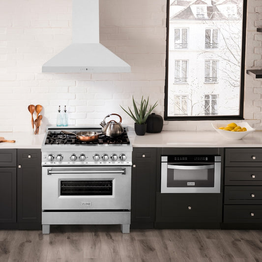 ZLINE 36 in. Convertible Vent Wall Mount Range Hood in Satin Stainless Steel (8KL3S-36) in a luxury kitchen.