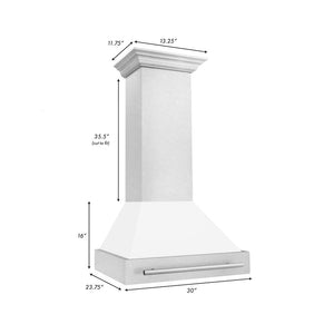 ZLINE 30 in. Satin Stainless Steel Wall Mount Range Hood with White Matte Shell and Stainless Steel Handle (8654SNX-WM-30) dimensional diagram.