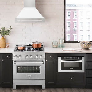 ZLINE 30 in. Satin Stainless Steel Wall Mount Range Hood with White Matte Shell and Stainless Steel Handle (8654SNX-WM-30) in a luxury kitchen.