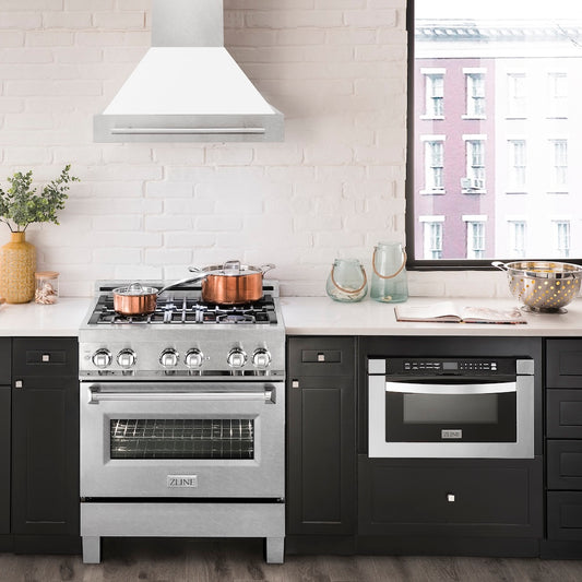 ZLINE 30 in. Satin Stainless Steel Wall Mount Range Hood with White Matte Shell and Stainless Steel Handle (8654SNX-WM-30) in a luxury kitchen.