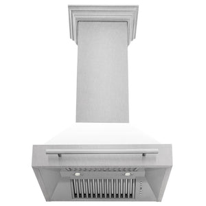 ZLINE 30 in. Satin Stainless Steel Wall Mount Range Hood with White Matte Shell and Stainless Steel Handle (8654SNX-WM-30) front, under.