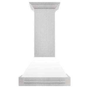 ZLINE 30 in. Satin Stainless Steel Wall Mount Range Hood with White Matte Shell and Stainless Steel Handle (8654SNX-WM-30) front.