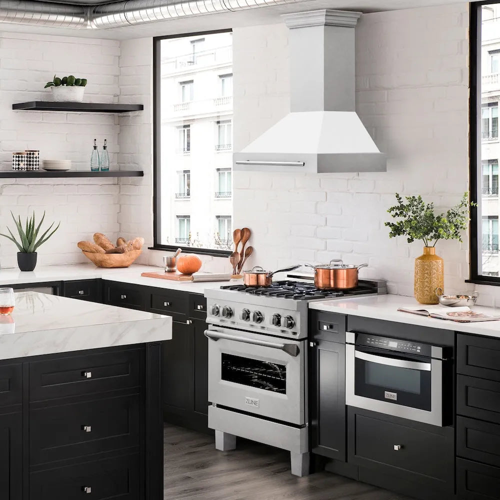 ZLINE 30 in. Satin Stainless Steel Wall Mount Range Hood with White Matte Shell and Stainless Steel Handle (8654SNX-WM-30) in a luxury kitchen.