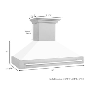 ZLINE 48 in. Satin Stainless Steel Wall Mount Range Hood with White Matte Shell and Stainless Steel Handle (8654SNX-WM-48) dimensional diagram.