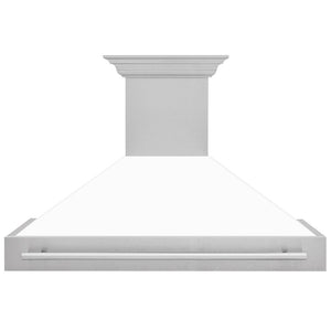 ZLINE 48 in. Satin Stainless Steel Wall Mount Range Hood with White Matte Shell and Stainless Steel Handle (8654SNX-WM-48) front.