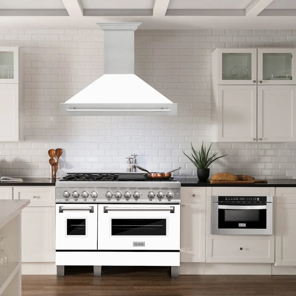 ZLINE 48 in. Satin Stainless Steel Wall Mount Range Hood with White Matte Shell and Stainless Steel Handle (8654SNX-WM-48) in a luxury kitchen.