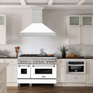 ZLINE 48 in. Satin Stainless Steel Wall Mount Range Hood with White Matte Shell and Stainless Steel Handle (8654SNX-WM-48) in a luxury kitchen.
