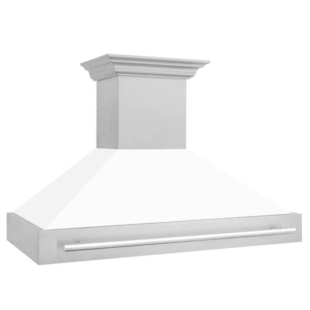 ZLINE 48 in. Satin Stainless Steel Wall Mount Range Hood with White Matte Shell and Stainless Steel Handle (8654SNX-WM-48) side.