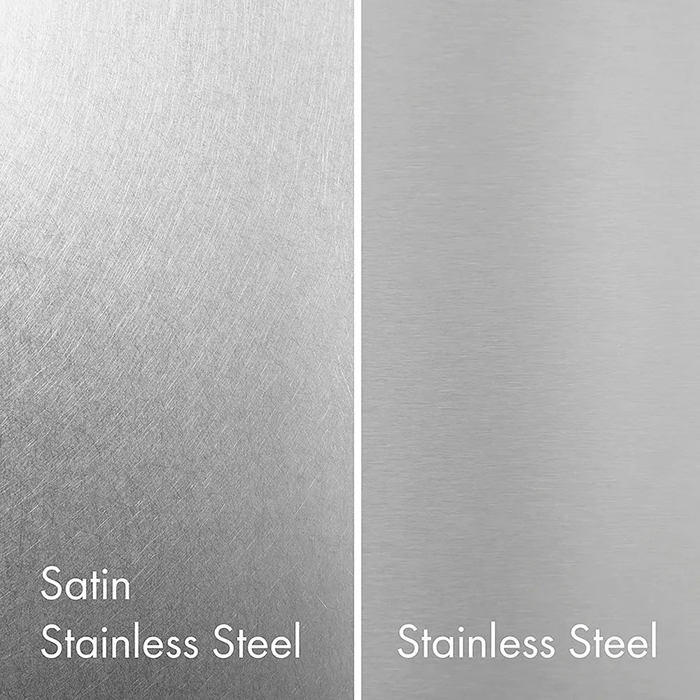 ZLINE Satin Stainless Steel (left) compared with Standard Stainless Steel (right).